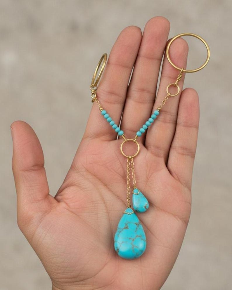 Brass Double Chain Turquoise Drop Ring Boho Statement Jewelry 4