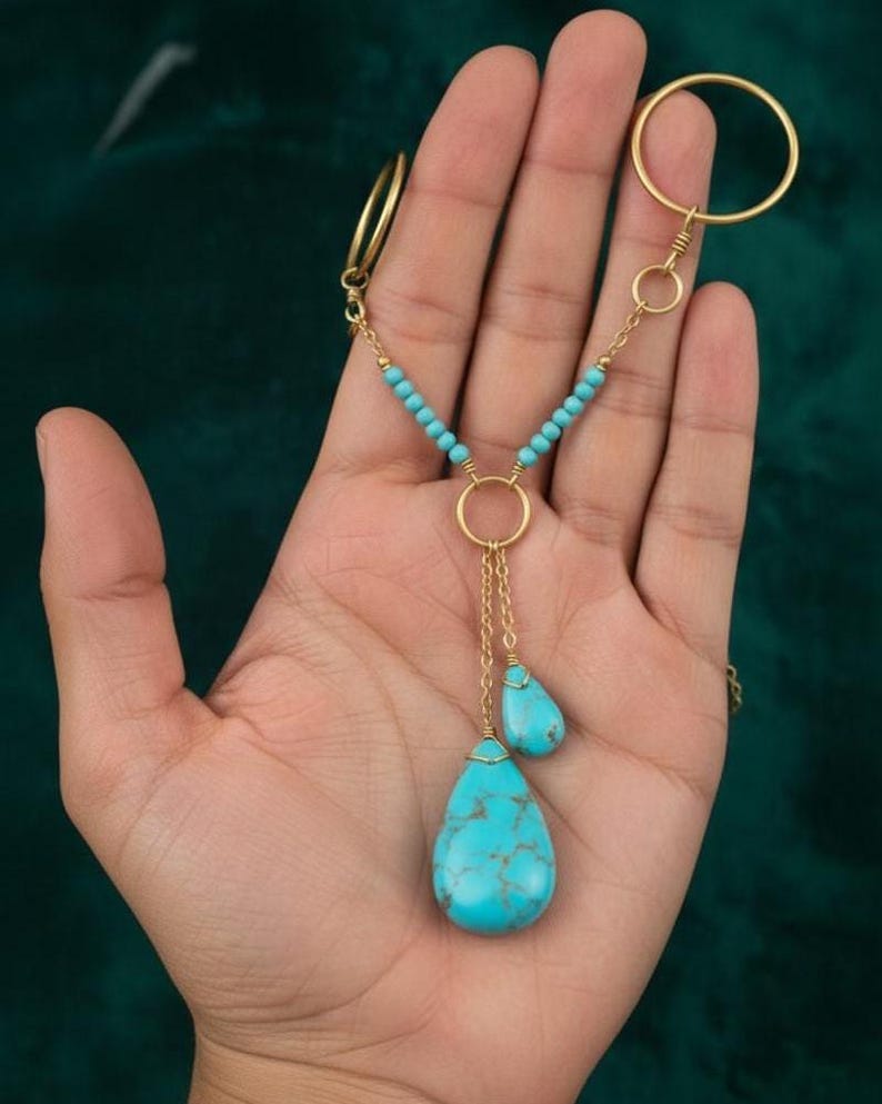 Brass Double Chain Turquoise Drop Ring Boho Statement Jewelry 5