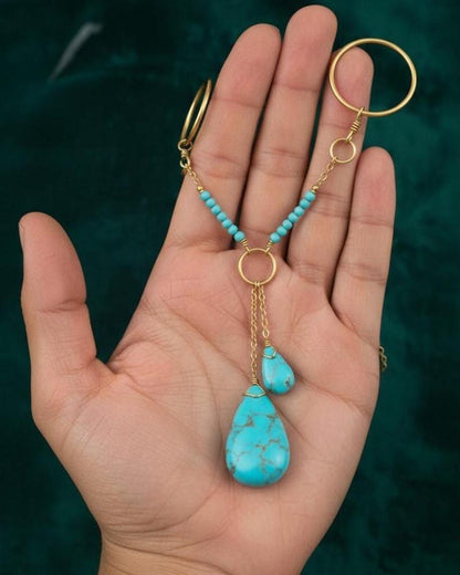 Brass Double Chain Turquoise Drop Ring Boho Statement Jewelry 5