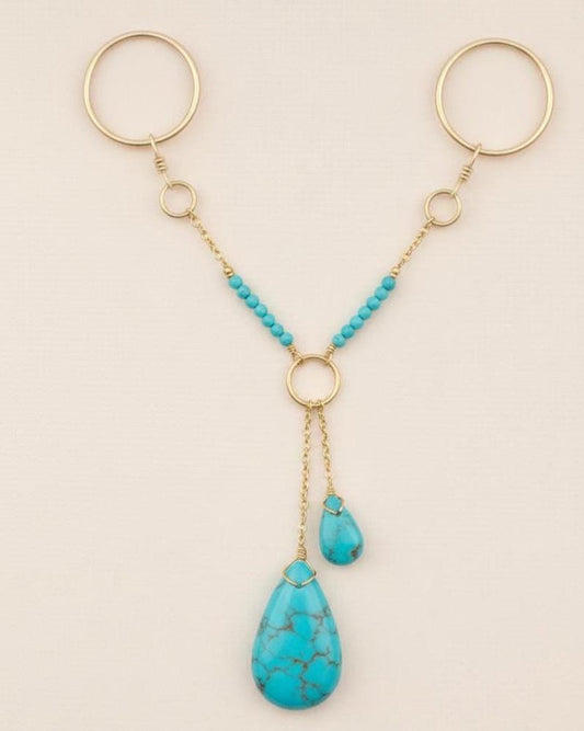 Brass Double Chain Turquoise Drop Ring Boho Statement Jewelry 6