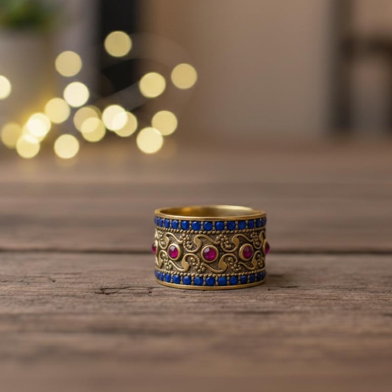 Brass Ruby Sapphire Wide Band | 18K Gold Plated 1