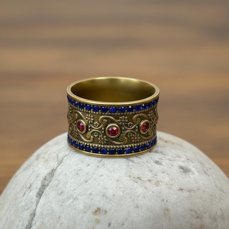 Brass Ruby Sapphire Wide Band | 18K Gold Plated 2