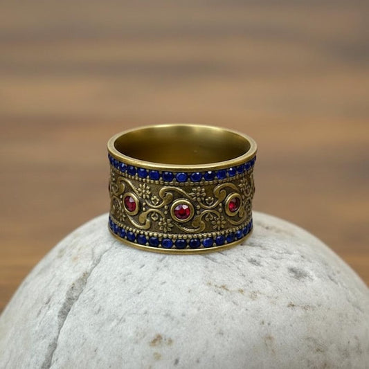Brass Ruby Sapphire Wide Band | 18K Gold Plated 2