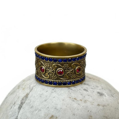 Brass Ruby Sapphire Wide Band | 18K Gold Plated 4