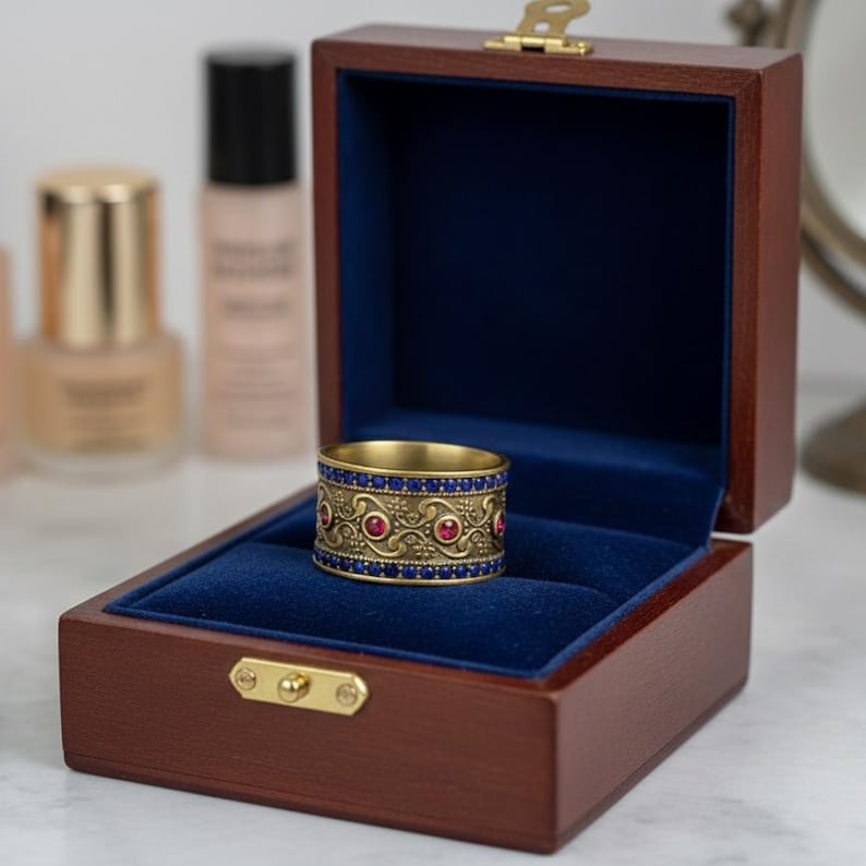 Brass Ruby Sapphire Wide Band | 18K Gold Plated 6