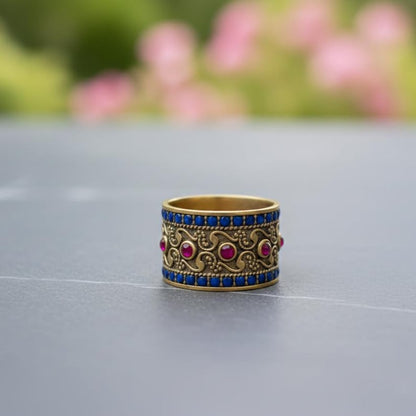 Brass Ruby Sapphire Wide Band | 18K Gold Plated 7