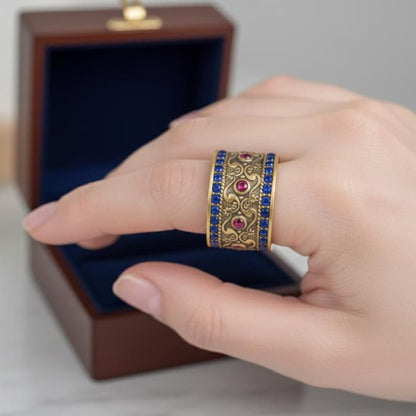 Brass Ruby Sapphire Wide Band | 18K Gold Plated 8