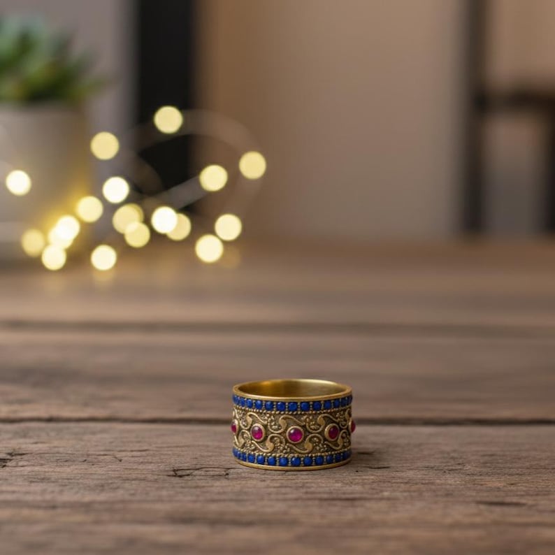 Brass Ruby Sapphire Wide Band | 18K Gold Plated 9