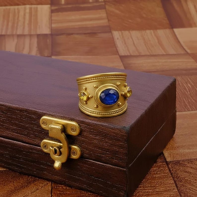 Brass Sapphire Wide Tapered Band – 18K Gold Plated Byzantine Blue CZ Statement Ring 1