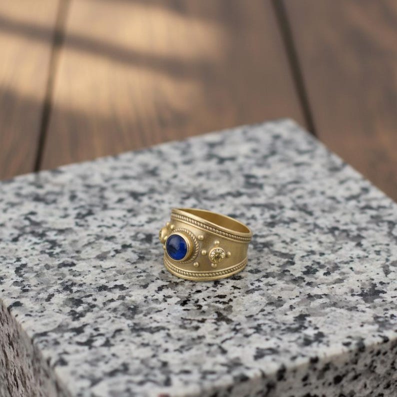 Brass Sapphire Wide Tapered Band – 18K Gold Plated Byzantine Blue CZ Statement Ring 2