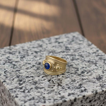 Brass Sapphire Wide Tapered Band – 18K Gold Plated Byzantine Blue CZ Statement Ring 2