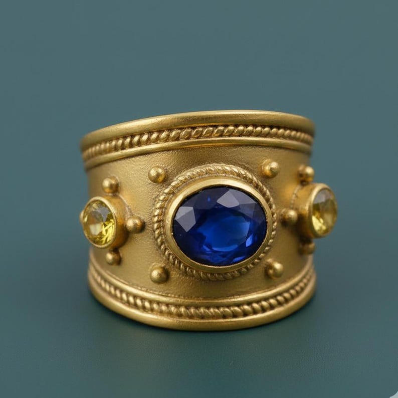 Brass Sapphire Wide Tapered Band – 18K Gold Plated Byzantine Blue CZ Statement Ring 3