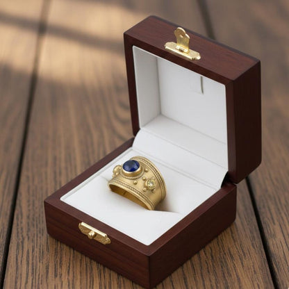 Brass Sapphire Wide Tapered Band – 18K Gold Plated Byzantine Blue CZ Statement Ring 4