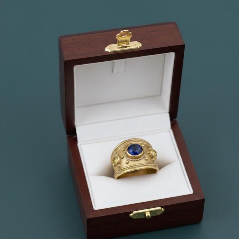 Brass Sapphire Wide Tapered Band – 18K Gold Plated Byzantine Blue CZ Statement Ring 5