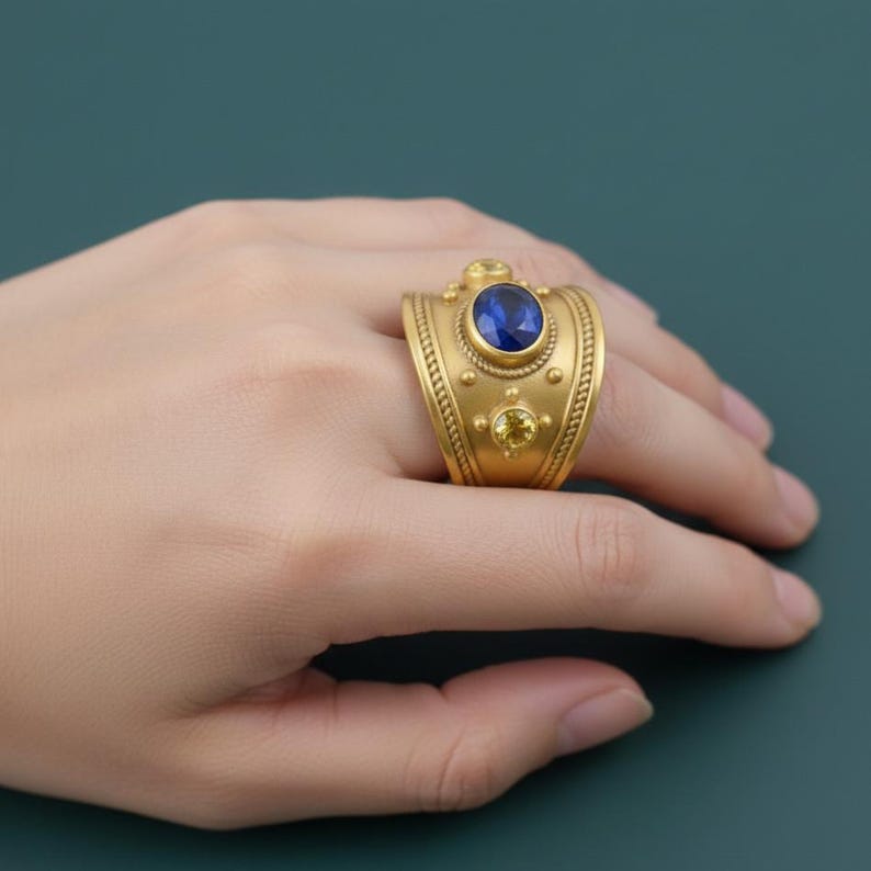 Brass Sapphire Wide Tapered Band – 18K Gold Plated Byzantine Blue CZ Statement Ring 6