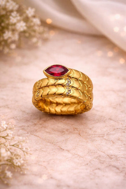Brass Snake Wrap Ring Red Stone Vintage Statement Jewelry Gift 1