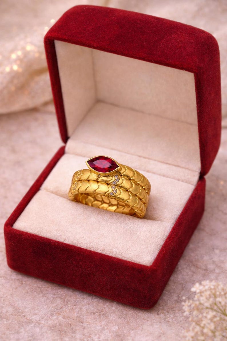 Brass Snake Wrap Ring Red Stone Vintage Statement Jewelry Gift 2