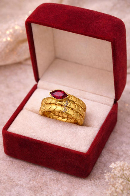 Brass Snake Wrap Ring Red Stone Vintage Statement Jewelry Gift 2