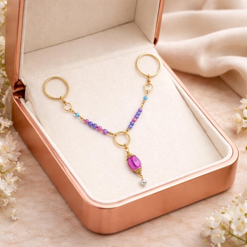 Brass Two Finger Chain Ring CZ Hoop Dangle Ring 1