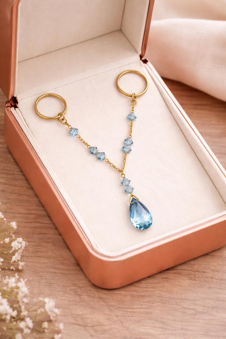 Brass Two Finger Chain Ring with Blue CZ Drop – Gold Plated Double Finger Statement Ring 2