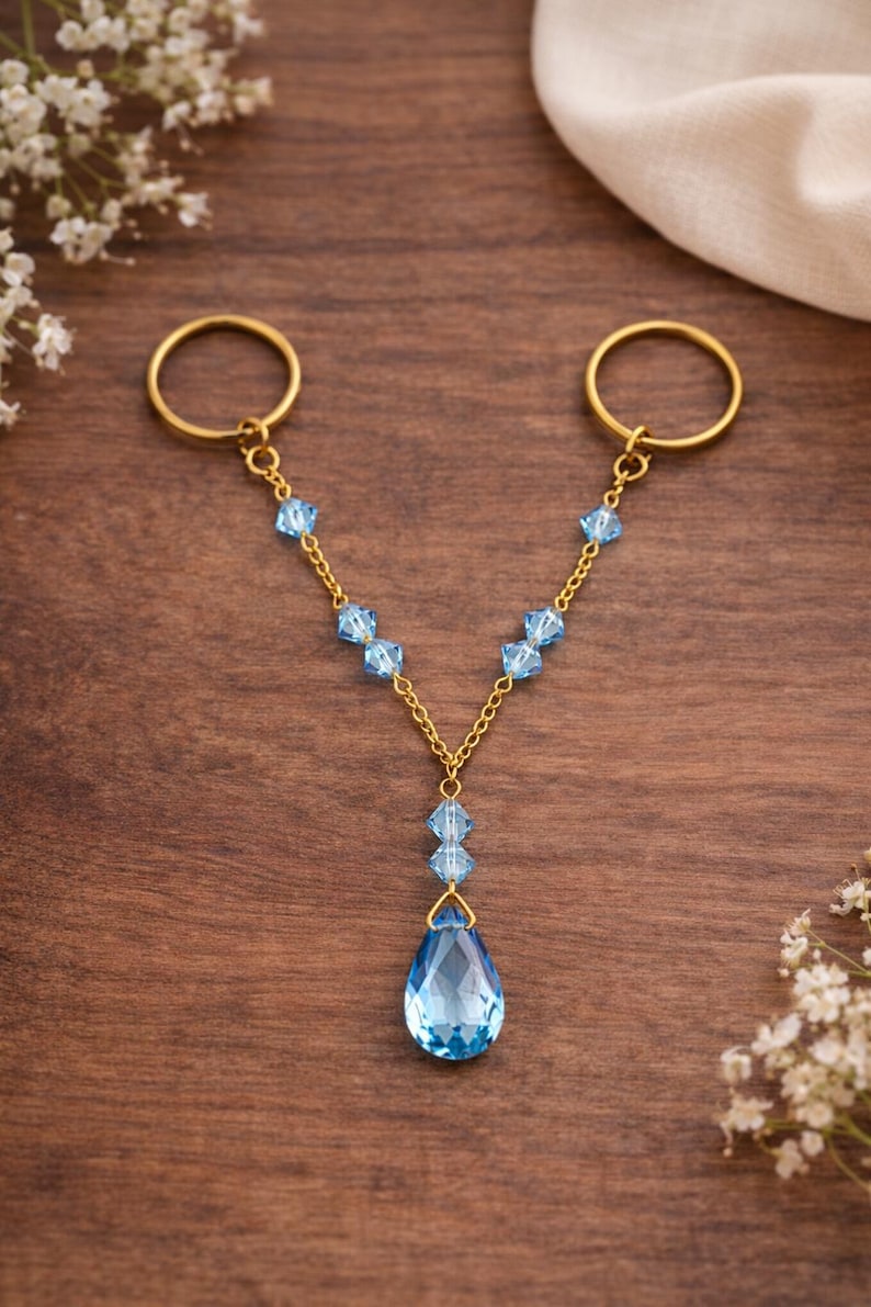 Brass Two Finger Chain Ring with Blue CZ Drop – Gold Plated Double Finger Statement Ring3