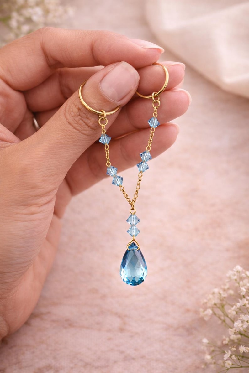 Brass Two Finger Chain Ring with Blue CZ Drop – Gold Plated Double Finger Statement Ring 4