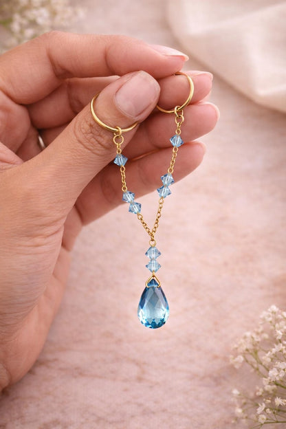 Brass Two Finger Chain Ring with Blue CZ Drop – Gold Plated Double Finger Statement Ring 4