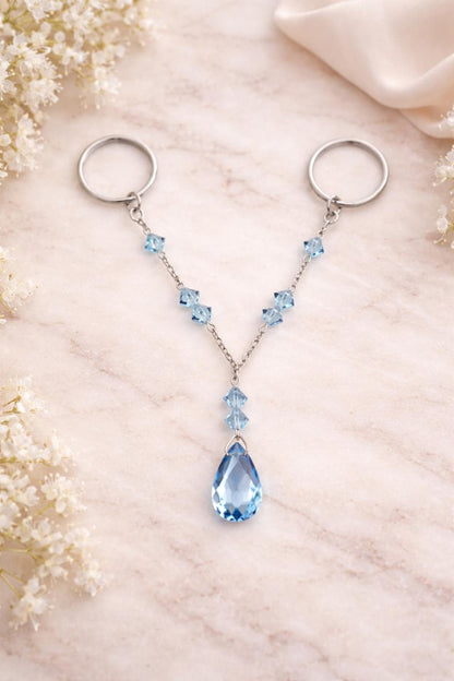 Brass Two Finger Chain Ring with Blue CZ Drop – Gold Plated Double Finger Statement Ring 5