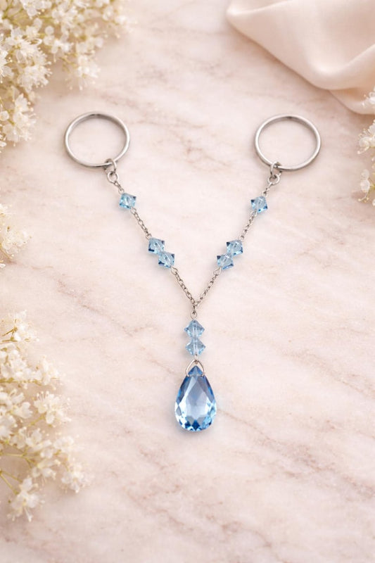 Brass Two Finger Chain Ring with Blue CZ Drop – Gold Plated Double Finger Statement Ring 5