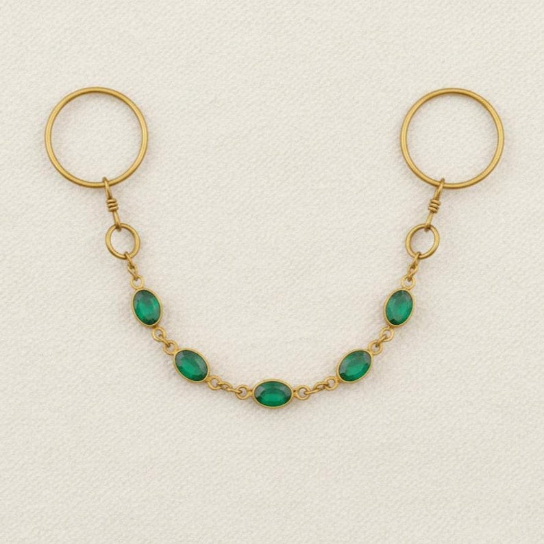 Brass Two Finger Chain Ring with Emerald Green CZ – Gold Plated Double Finger Statement Ring 2