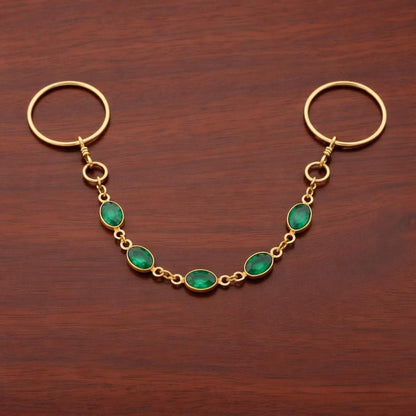 Brass Two Finger Chain Ring with Emerald Green CZ – Gold Plated Double Finger Statement Ring 3
