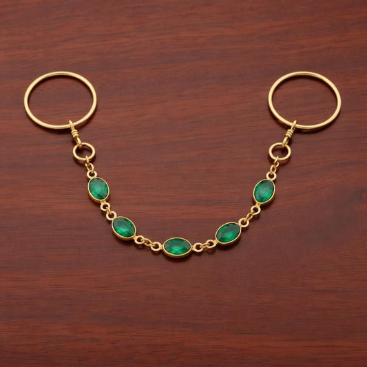 Brass Two Finger Chain Ring with Emerald Green CZ – Gold Plated Double Finger Statement Ring 3
