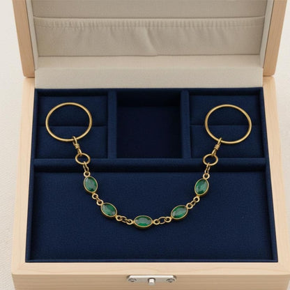 Brass Two Finger Chain Ring with Emerald Green CZ – Gold Plated Double Finger Statement Ring 4