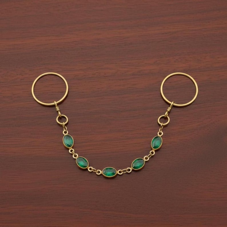 Brass Two Finger Chain Ring with Emerald Green CZ – Gold Plated Double Finger Statement Ring 5