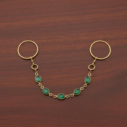 Brass Two Finger Chain Ring with Emerald Green CZ – Gold Plated Double Finger Statement Ring 5