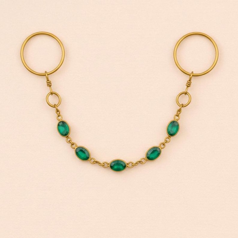 Brass Two Finger Chain Ring with Emerald Green CZ – Gold Plated Double Finger Statement Ring 6