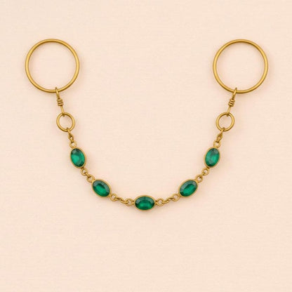 Brass Two Finger Chain Ring with Emerald Green CZ – Gold Plated Double Finger Statement Ring 6