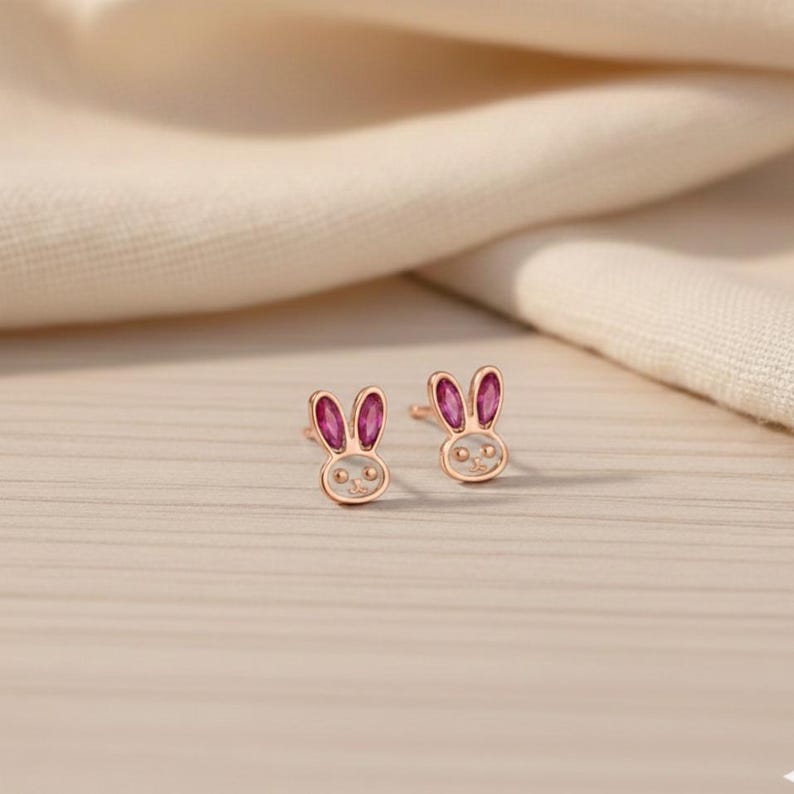 Bunny Rabbit Ruby Stud Earrings 925 Sterling Silver Gold Plated Cute Animal  1