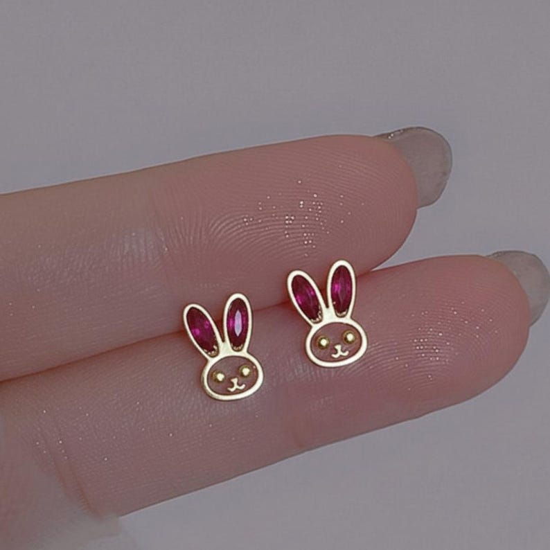 Bunny Rabbit Ruby Stud Earrings 925 Sterling Silver Gold Plated Cute Animal  2