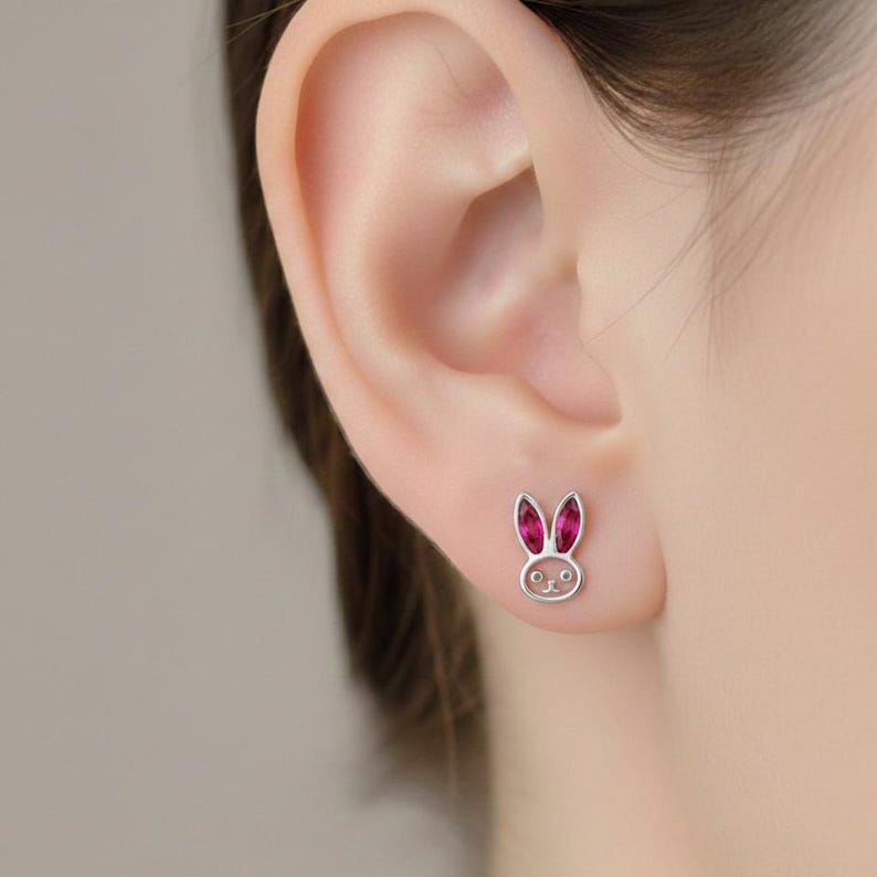 Bunny Rabbit Ruby Stud Earrings 925 Sterling Silver Gold Plated Cute Animal  3