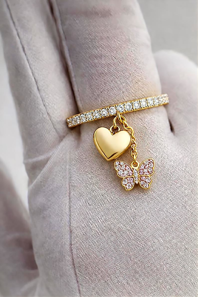 Butterfly Diamond Heart Drop Ring 925SterlingSilver Tassel devika jewels