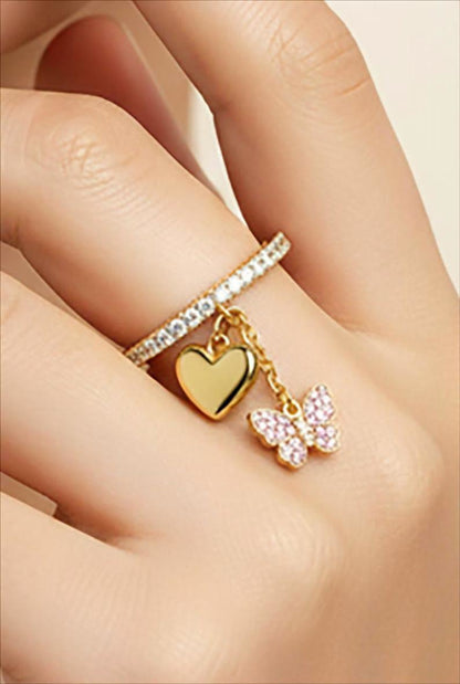 Butterfly Diamond Heart Drop Ring 925SterlingSilver Tassel devikagem