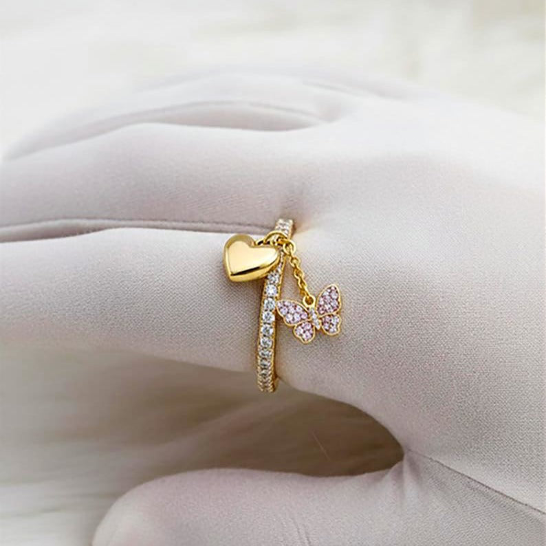 Butterfly Diamond Heart Drop Ring 925SterlingSilver Tassel devikaa