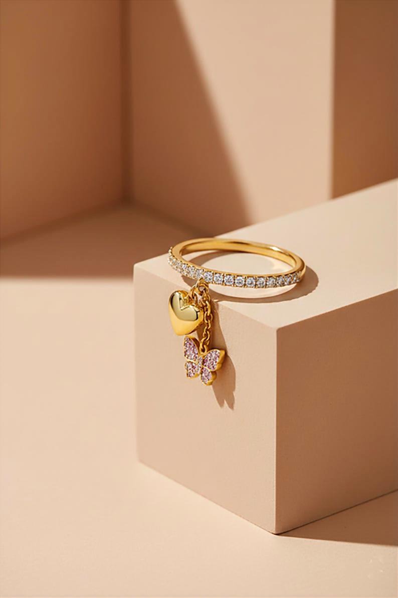 Butterfly Diamond Heart Drop Ring 925SterlingSilver Tassel devikaaa