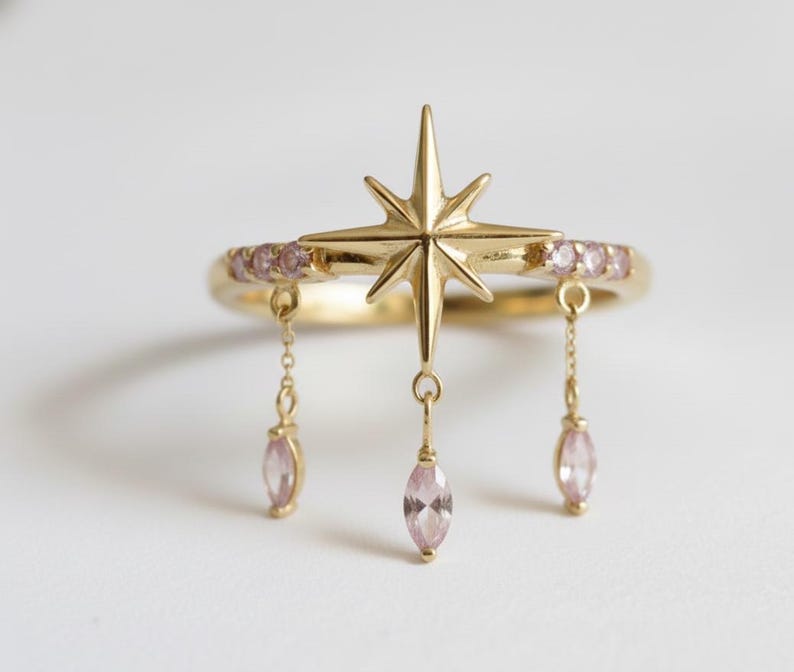 Celestial Star Ring with Pink Sapphire Drops Rings devika