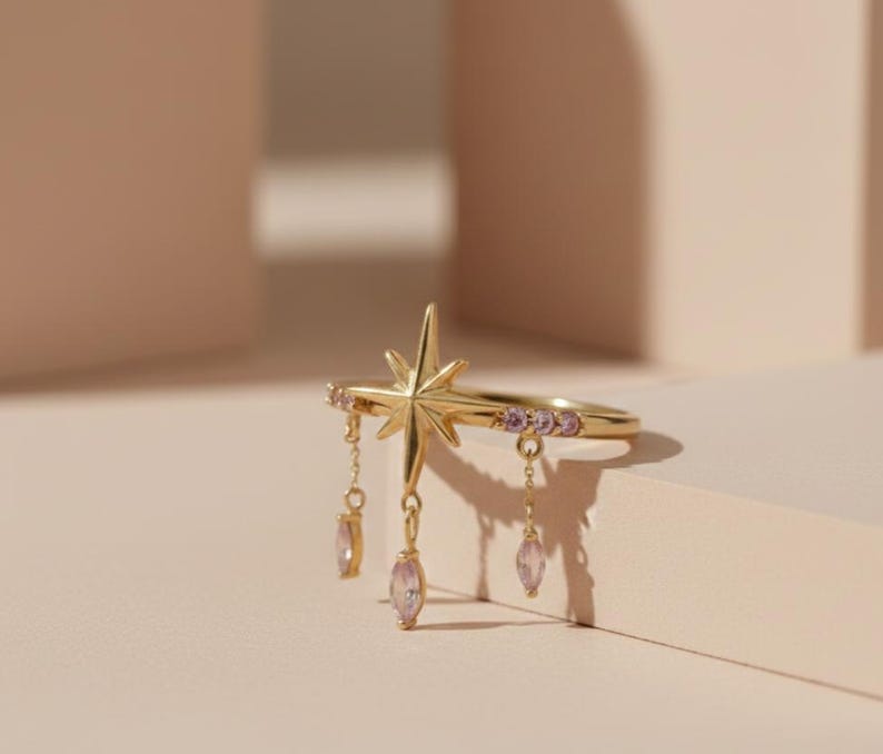 Celestial Star Ring with Pink Sapphire Drops Rings devikajewelery