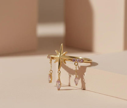 Celestial Star Ring with Pink Sapphire Drops Rings devikajewelery