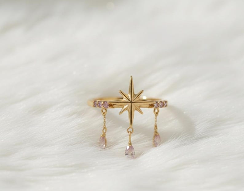 Celestial Star Ring with Pink Sapphire Drops Rings devikagemjewels
