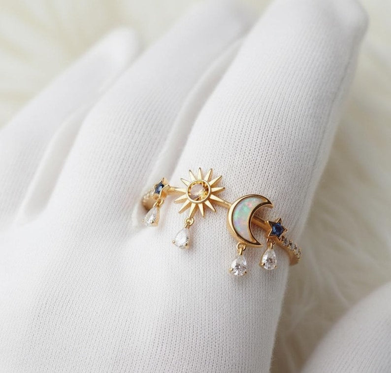 Celestial Wedding Ring | Gold Plated Sun, Moon, Star with Gemstone Drops devikagems