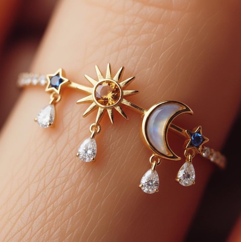 Celestial Wedding Ring | Gold Plated Sun, Moon, Star with Gemstone Drops devikajewels
